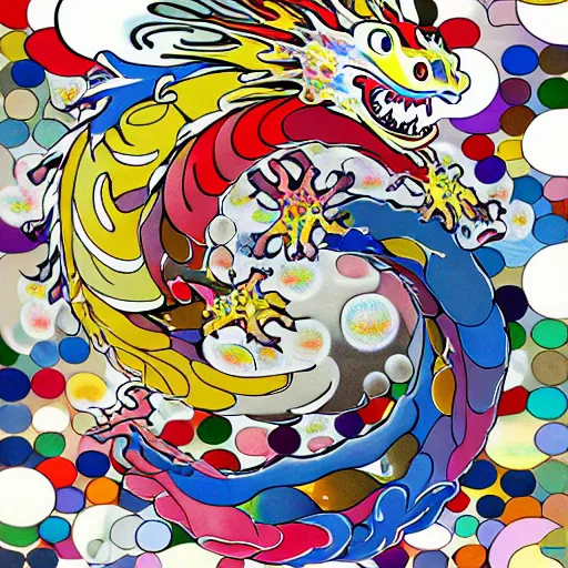 Image similar to colorful dragons swirling in the fluffy cloud, painted by takashi murakami