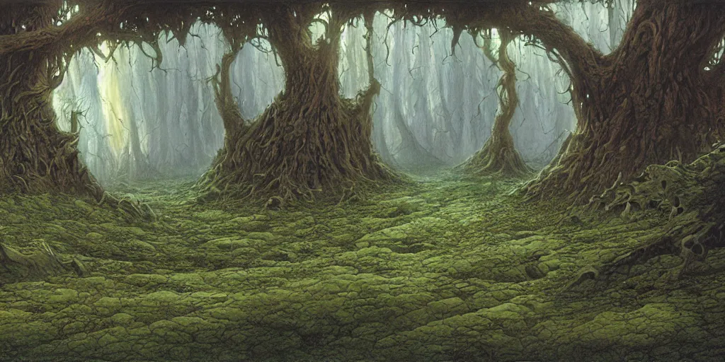Prompt: Artwork by John Howe of the cinematic view of the Celestial Forest of Buried Enchantments.
