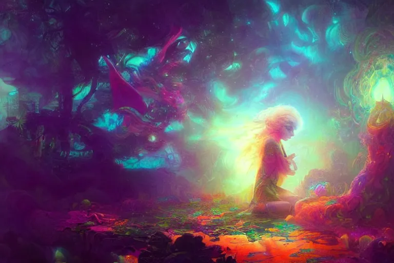 Image similar to a psychedelic realm hidden away in a pocket of ethereal understanding, astral beings sharing love greg rutkowski wlop lisa frank bob ross, ruan jia, illustration