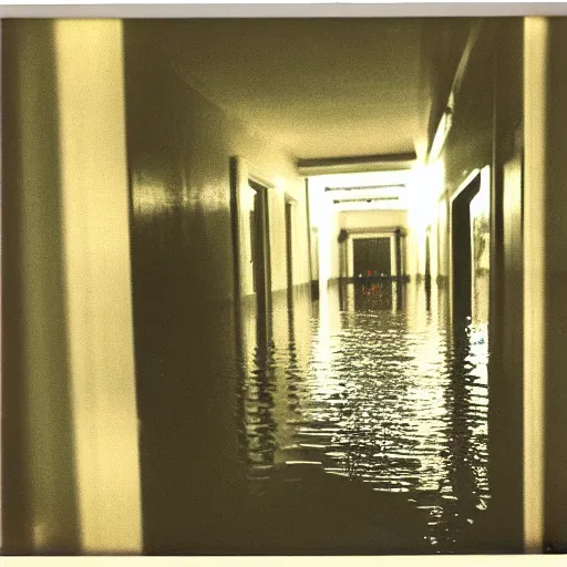 Prompt: a flooded hotel hallway at night, dark, dim, no light, underexposed, old polaroid,