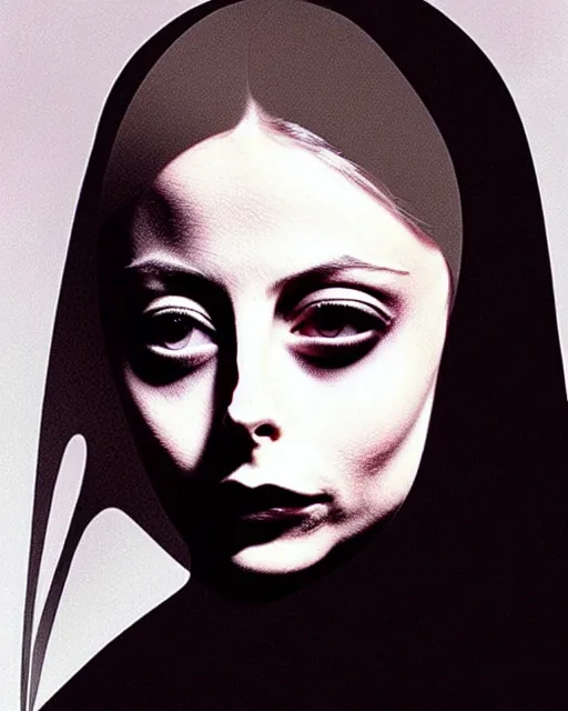 Image similar to style of dave mckean : : gorgeous willa holland : : evil witch, swirling black magic, black dress : : symmetrical face, symmetrical eyes : : full body pose : : gorgeous black hair : : magic lighting, low spacial lighting : :