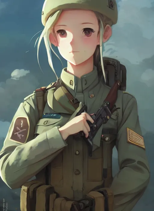 Prompt: portrait of cute soldier girl, cloudy sky background lush landscape illustration concept art anime key visual trending pixiv fanbox by wlop and greg rutkowski and makoto shinkai and studio ghibli and kyoto animation soldier clothing military gear realistic anatomy pale skin