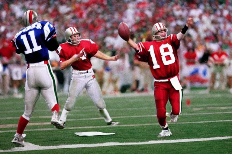 Image similar to joe montana throwing a baby for the winning touchdown superbowl 1 9 9 4