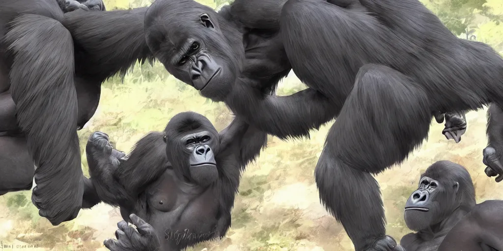 Image similar to two silverback gorillas fighting for dominance, by Makoto Shinkai, beautiful