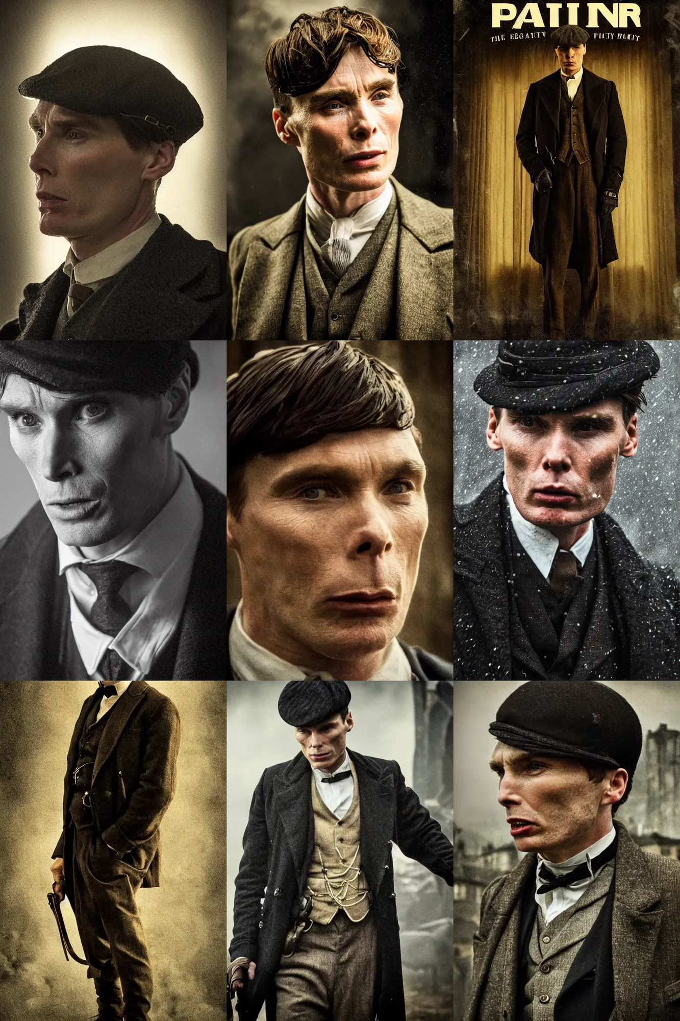 Prompt: portrait Cillian Murphy in Peaky Blinders roaring very very very angry evil beautiful face, Perfect detailed face, front view fire in the background, dramatic, gloomy, dark, bleak, cheerless, desolate, impressive, tragic, cinematic, dull colours, dark colour scheme, atmospheric by Christopher Nolan