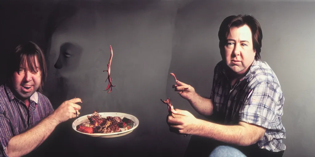 Prompt: award winning photo of BILL HICKS meats a friend in new york, vivid colors, happy, symmetrical face, beautiful eyes, studio lighting, wide shot art by gregory crewdson and francis bacon