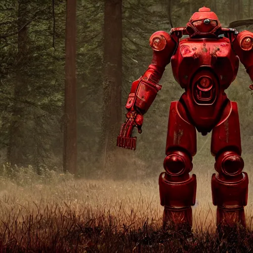 Image similar to Power armor from the company core-cola, red color, stands against the background of a radioactive forest, graphics, fallout 4 render, 3d computer render, maximum details, rain, night, spotlight,