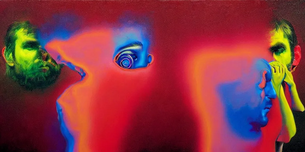 Image similar to a man being overcome by love conciseness, psychedelic dripping colors, detailed painting by painting by gottfried helnwein