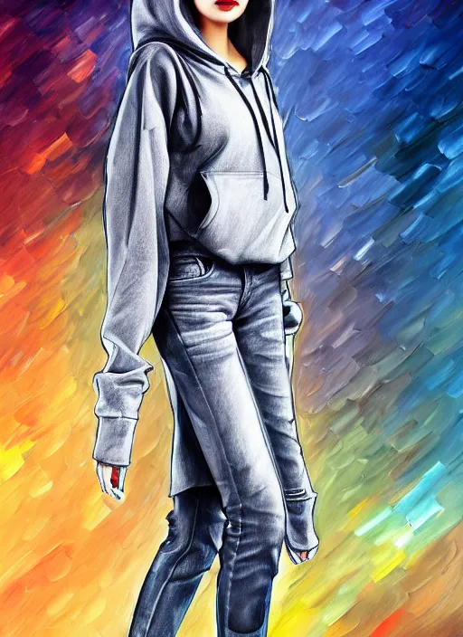 Image similar to twiggy fashion pose wearing, gray hoodie, jeans, tiara, half body shot, path traced, highly detailed, high quality, digital painting, alena aenami, leonid afremov, lilia alvarado, shinji aramaki, karol bak, alphonse mucha, tom bagshaw