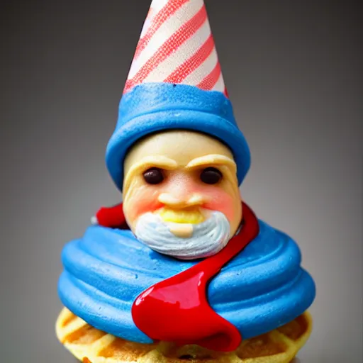 Image similar to hyper realistic cupcake gnome with wafflecone hat