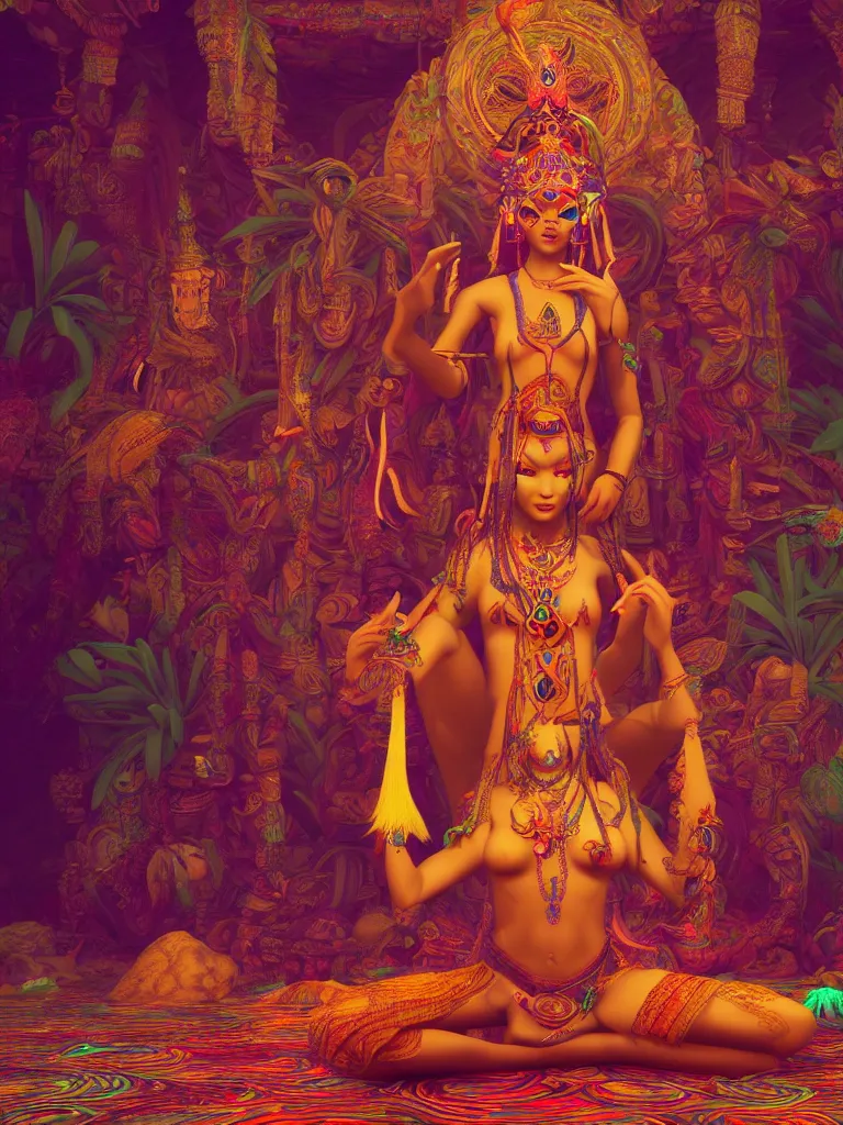 Image similar to a centered render of an alluring tribal goddess meditating in a mystical psychedelic temple, full body, gorgeous face, perfect face, powerful, by viktoria gavrilenko, 3 d, trending on artstation, octane render, 8 k