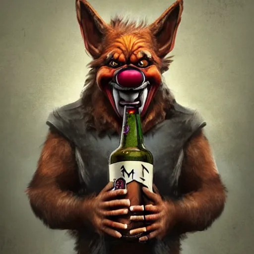 Image similar to a humanoid german shepherd beast - man in clown style, holding a bottle of beer, artstation, concept art, smooth, sharp foccus ilustration, artstation