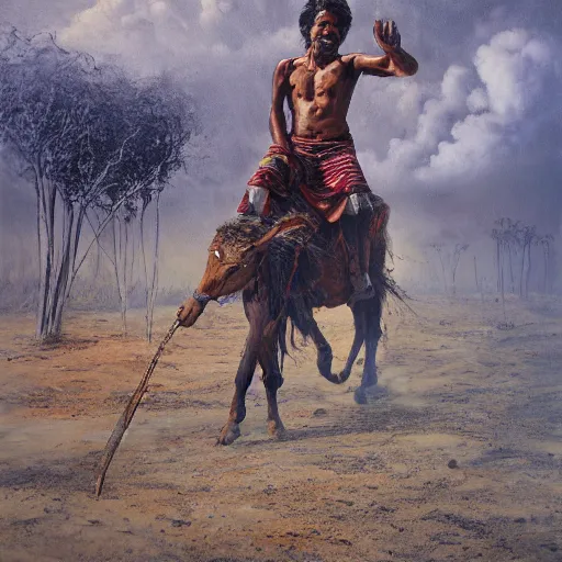 Prompt: portrait of head and body, single bangla farmer fighting, hand to hand combat with machete, full body view, long flowing hair, fighting for his life, nebula aura surrounding subject, horseback combat attacker foreground, islamic revolution, mongolian invasion of iraq, background of invading army, nestor canavarro hyperrealist art style, sharp brushstrokes