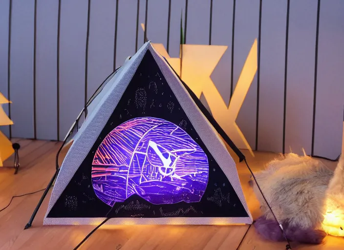 Image similar to geometric cat shaped burning man canvas tent, internally illuminated