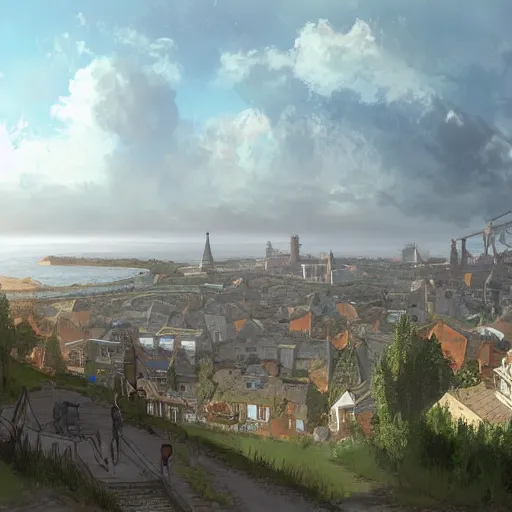 Image similar to concept art overlooking a large victorian town. The ocean is visible in the distance. Digital art, highly detailed.