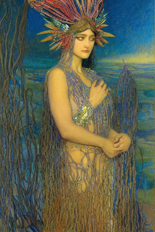 Image similar to queen of spring, by jean delville and Gaston Bussière and Tino Rodriguez and Diego Rivera , elaborate headdress and embroidered velvet, iridescent beetles, rich color, dramatic cinematic lighting, extremely detailed