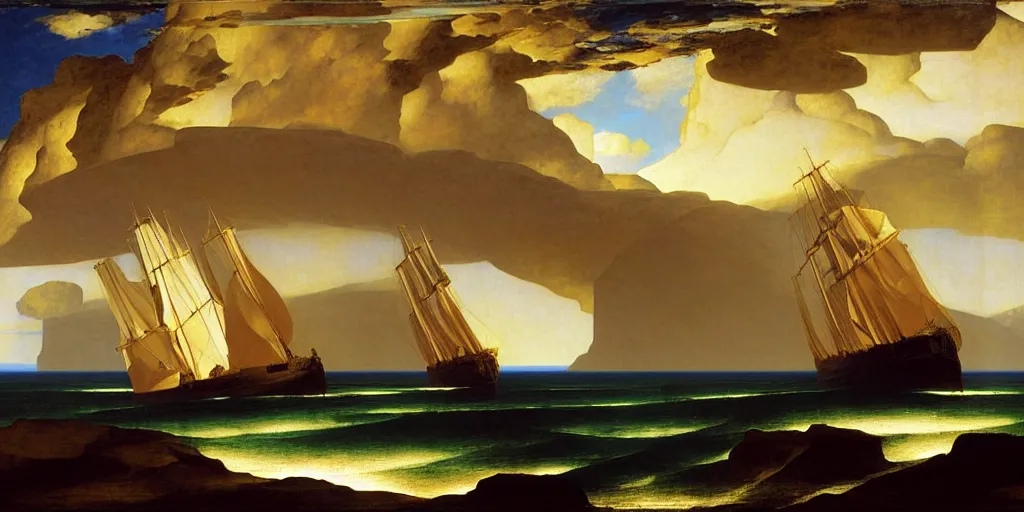 Prompt: tallships sailing past a cliff face, an art deco painting by Frederic Leighton and Daniel Maclise and Rolf Armstrong and Evelyn De Morgan and Bastien Lecouffe-Deharme, dutch golden age, dramatic lighting, high contrast colors, baroque, empyrean, panoramic view, cgsociety, highly detailed, doom engine,