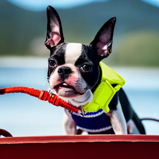 Image similar to a closeup photorealistic photograph of a cute smiling knitted boston terrier dog dressed in a life vest on a pontoon boat. professional capture, sunny shot. this 4 k hd image is trending on artstation, featured on behance, well - rendered, extra crisp, features intricate detail, epic composition and the style of unreal engine.