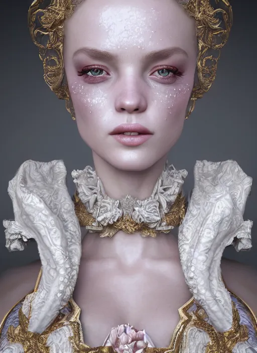 Prompt: high intricate porcelain baroque stunning woman, 8 k, glitter skin very white hyperrealistic hyperdetailed pastel maria panfilova, andrea savchenko, sensual mike kime, ludovic plouffe, qi sheng luo, oliver cook, trending on artstation