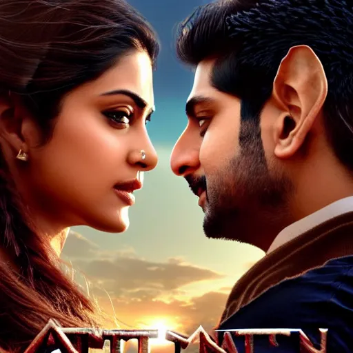 Image similar to perfectly centered bollywood movie promotional poster of anatomically correct hero and heroine side profile faces symmetrical ; real life portrait, ultra realistic, high coherence, intricate, hdr, highly detailed, photorealistic, octane render, 8 k, unreal engine ; romantic theme, two lovers sharing one heart ; art by artgerm, greg rutkowski, charlie bowater