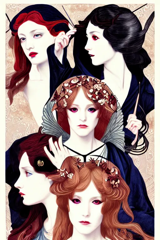 Prompt: triad of muses, representing the 3 winter months of december, january and february, style mix of æon flux, shepard fairey, botticelli, john singer sargent, pre - raphaelites, shoujo manga, harajuku fashion, stark landscape, muted dark colors, superfine inklines, ethereal, 4 k photorealistic