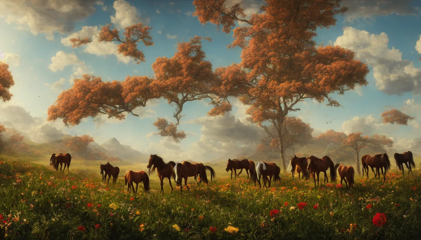 Image similar to An epic fantastic realism comic book style painting of the most beautiful flowers covering a herd of wild horses, fisheye lens, painted by the Hudson River school, unreal 5, DAZ, hyperrealistic, octane render, dynamic lighting