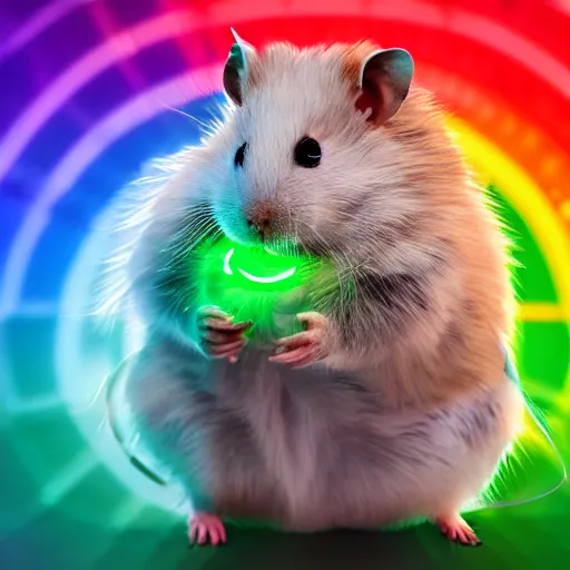 Image similar to cyberpunk hamster! holding rainbow! gem! crystal, neon lights, light reflection, 8 k, hd