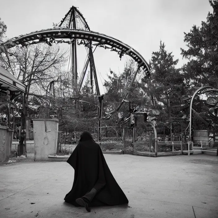 Prompt: a cloaked figure in an abandoned amusement park, by omar z. robles, canon eos c 3 0 0, ƒ 1. 8, 3 5 mm, 8 k, medium - format print