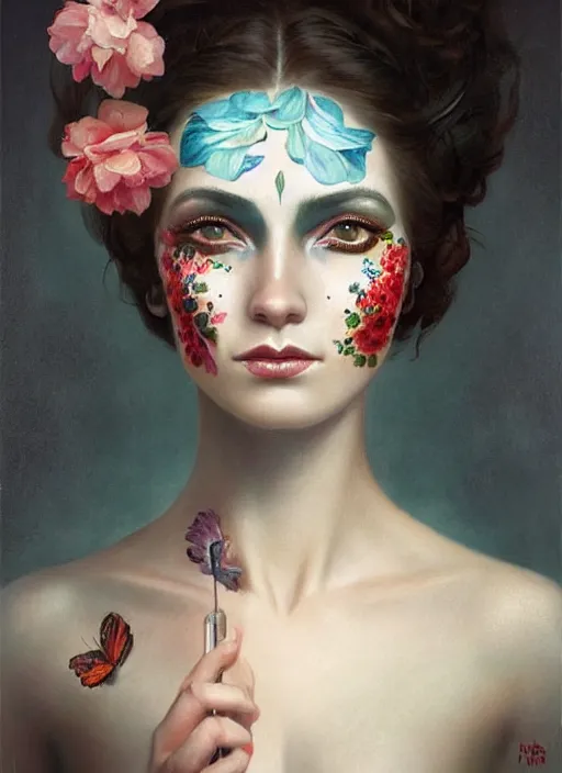 Image similar to a woman with her face painted. face painting of flowers. beautiful highly detailed face. painting by manuel sanjulian and tom bagshaw.