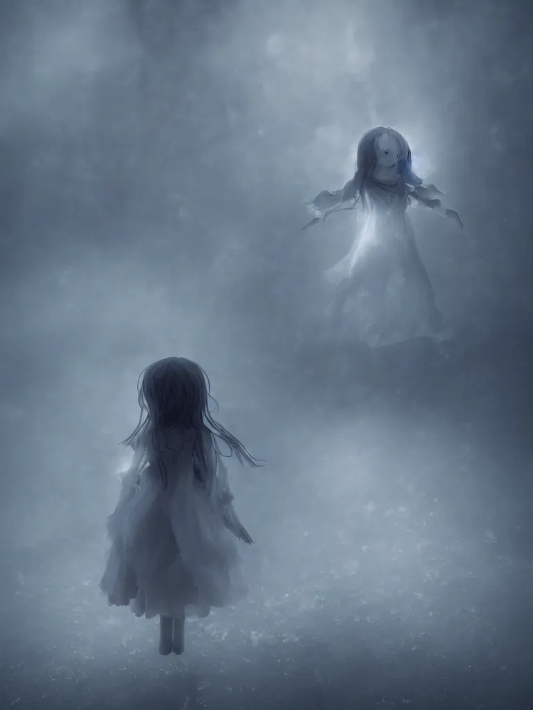 Image similar to cute fumo plush girl ghost in the haze of the murky river, reflective water surface, smoke and volumetric fog, tattered gothic horror maiden, fallen angel, lens flare, light shafts, light and shadow, vray