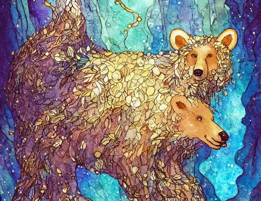 Prompt: fae bear in a crystal cave. this watercolor and gold leaf work by the award - winning comic artist has a beautiful composition and intricate details.