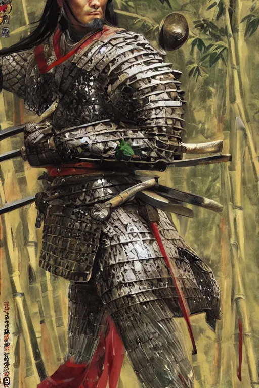 Image similar to close up of samurai warrior in full armor, in a bamboo forest, by huang guangjian and gil elvgren, sachin teng, greg manchess