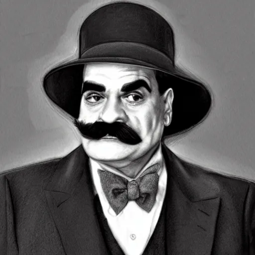 Prompt: pencil illustration of David suchet as hercule poirot, highly detailed, 8k, cinematic,