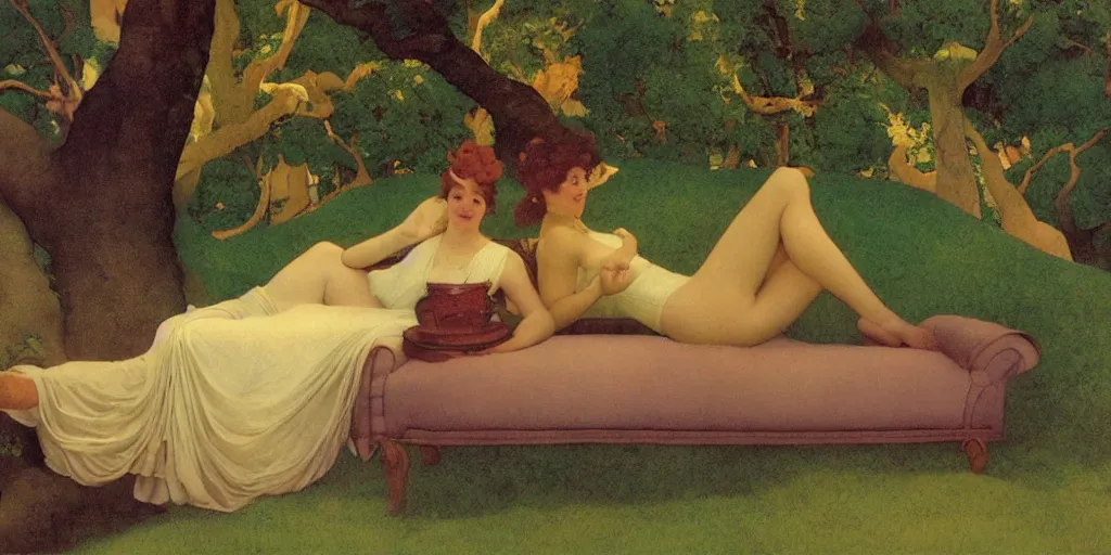 Image similar to a woman and a dryad lounging on a edwardian couch, style of maxfield parrish,
