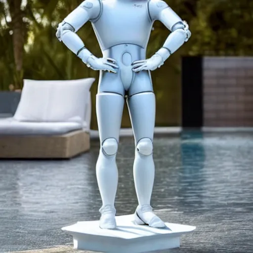 Prompt: a realistic detailed photo of a guy who is an attractive humanoid who is half robot and half humanoid, humanoid robot, by the pool, posing like a statue, who is a male android, blank stare, on display, made of ice, shiny skin, frozen ice statue, showing off his muscles, f 1 driver charles leclerc