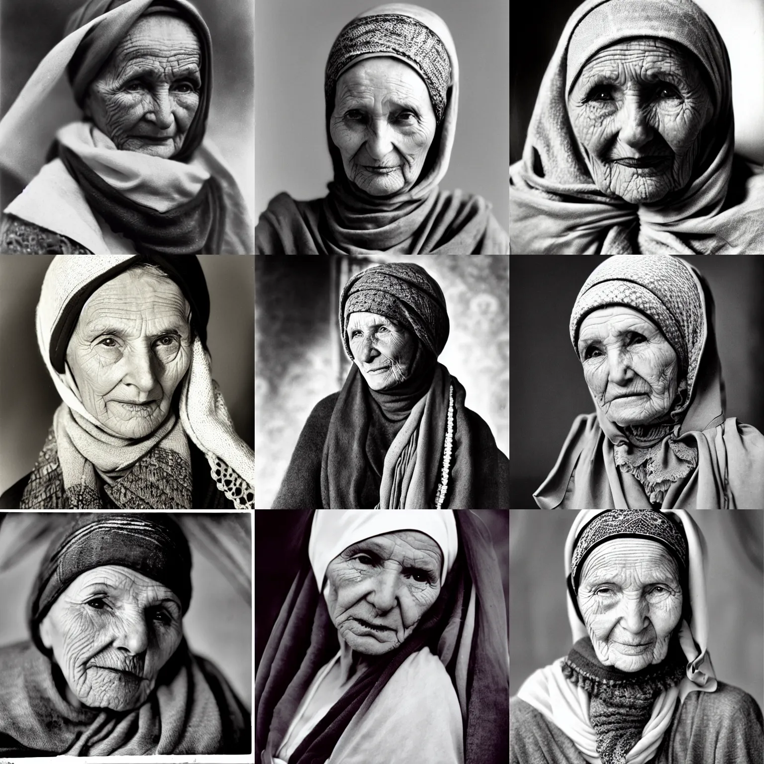 Prompt: an old eastern european woman, with head scarves, award winning photo by angus mcbean
