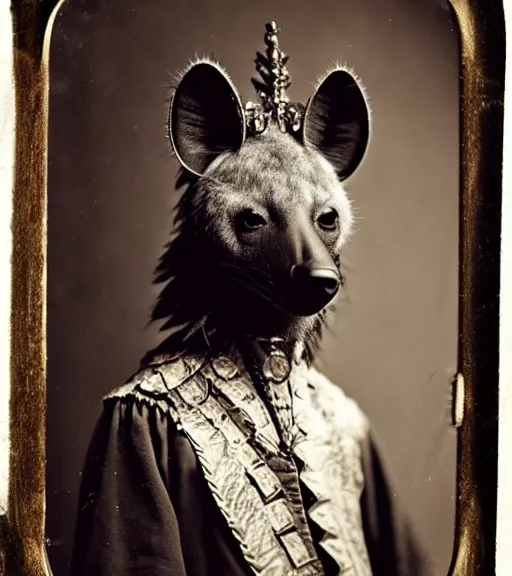 Image similar to professional studio photo portrait of anthro anthropomorphic spotted hyena head animal person fursona smug smiling wearing crown diadem elaborate pompous royal king robes clothes degraded medium by Louis Daguerre daguerreotype tintype