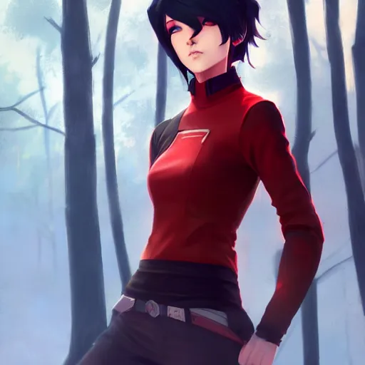 Image similar to realistic render of ruby rose from rwby by ross draws, forest background by ilya kuvshinov, digital anime art by ross tran, composition by sana takeda, lighting by greg rutkowski