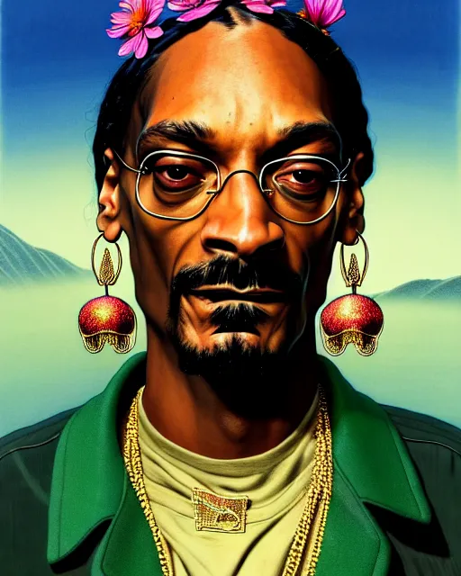 Prompt: closeup portrait snoop dogg, wearing a flower bikini, beautiful siren succubus, intricate, beautiful flowers, hyperrealism, intense, dmt, artgerm, moebius, glamour pose, arney freytag, greg rutkowski, maxfield parrish, dan mumford, moebius, alphonse mucha