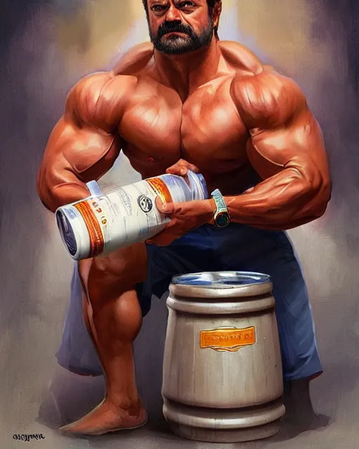 Image similar to gigachad ron swanson bodybuilder holding a keg of beer in final fight ocean by ilya kuvshinov, ernest khalimov body by krista sudmalis, fantasy character portrait, ultra realistic, concept art, intricate details, elegent, digital painting, smooth, sharp focus, illustration, art by artgerm and greg rutkowski and alphonse mucha, artstation