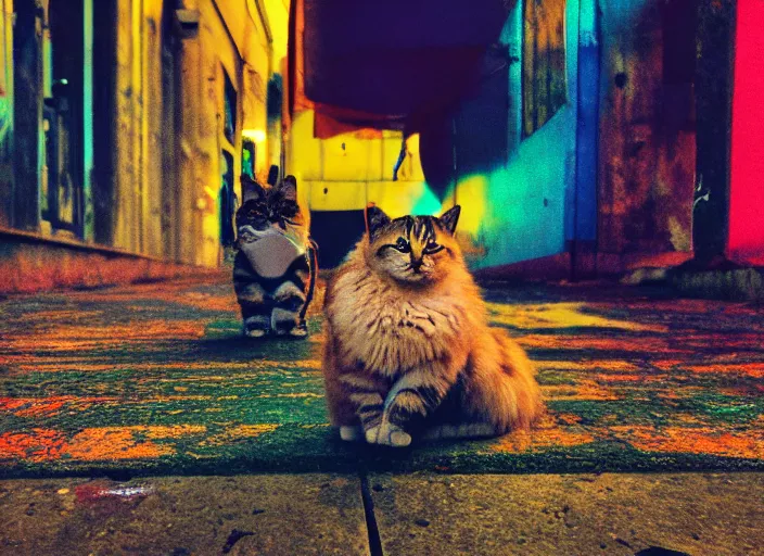 Image similar to photography of a Cat sitting on a box. in a cyberpunk street, award winning photo, saturated, colored, colors, 100mm, sharp, high res