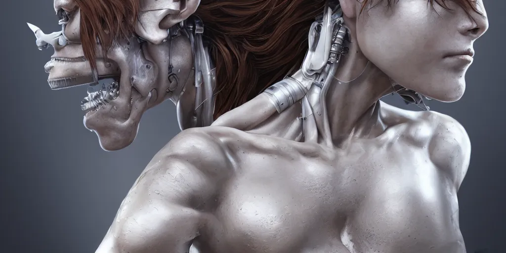 Image similar to photorealistic gorgeous female cyborg, holding intimately, highly detailed, intricate detailing, torso, neck, knees, in the style of, beth cavener, jin kagetsu, wlop, masterpiece, concept art, highkey lighting, ambient lighting, octane render, 8 k, artstation