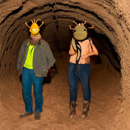 Image similar to humans wearing realistic ant costumes in an underground dirt tunnel