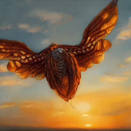 Image similar to a pancake with attached wings, flapping its wings flying in sunset sky, oil on canvas, portrait, intricate, 8k highly professionally detailed, HDR, CGsociety