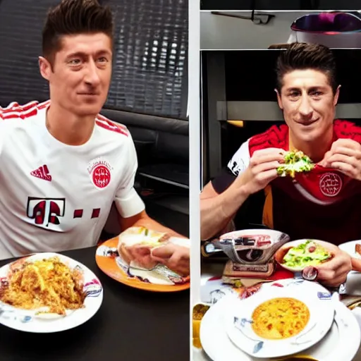 Prompt: robert lewandowski doing a mukbang