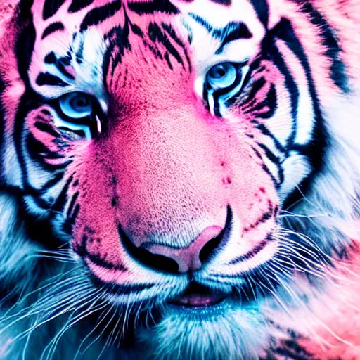 Image similar to a close up photograph with a faded color palette, extreme details and studio lighting of a pink tiger with realistic fur on blue gradient background, 8 k, portrait