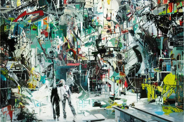 Prompt: a solarpunk white plastic wall by john berkey, covered in graphitti by banksy, basquiat, cleon peterson, dramatic cinematic lighting, manicured solarpunk greenery, high fashion futuristic people walk past