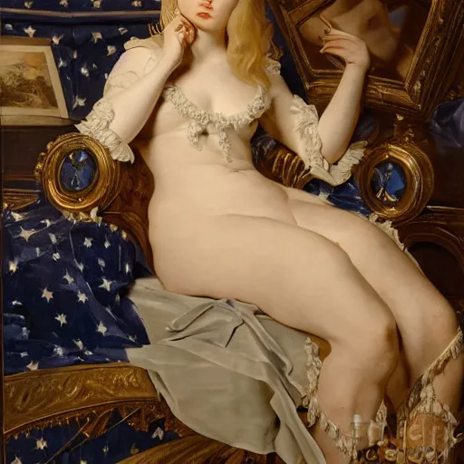 Image similar to leyendecker and peter paul rubens, head and shoulders portrait of a elle fanning, nighttime, dream boat, starry sky, unreal engine, fantasy art by global illumination, radiant light, detailed and intricate environment