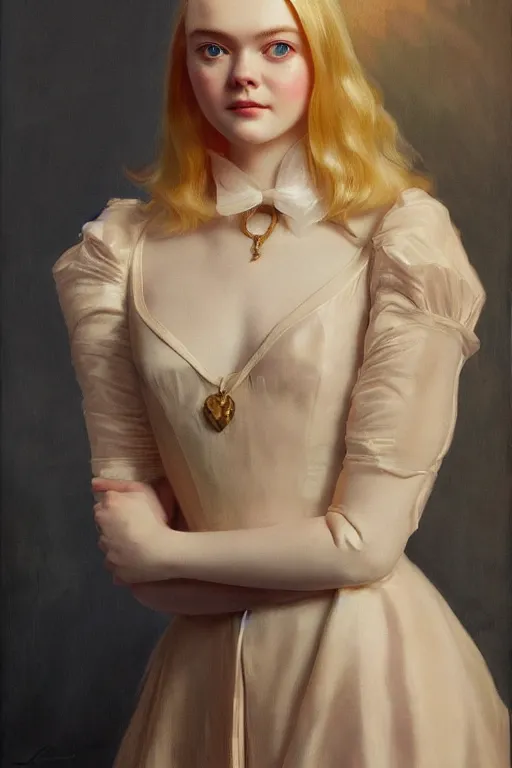 Image similar to Elle Fanning as an Android, oil on canvas, golden hour, artstation, by J. C. Leyendecker and Peter Paul Rubens,