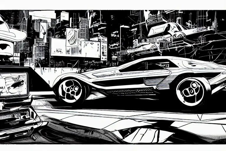 Prompt: ford concept car, a page from cyberpunk 2 0 2 0, style of paolo parente, style of mike jackson, adam smasher, johnny silverhand, 1 9 9 0 s comic book style, white background, ink drawing, black and white
